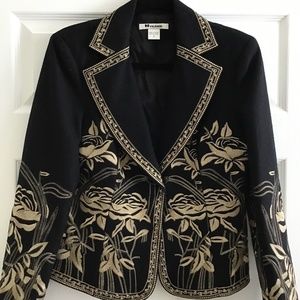 Nygard Collection Black Wool Gold Floral Embroidery Blazer S